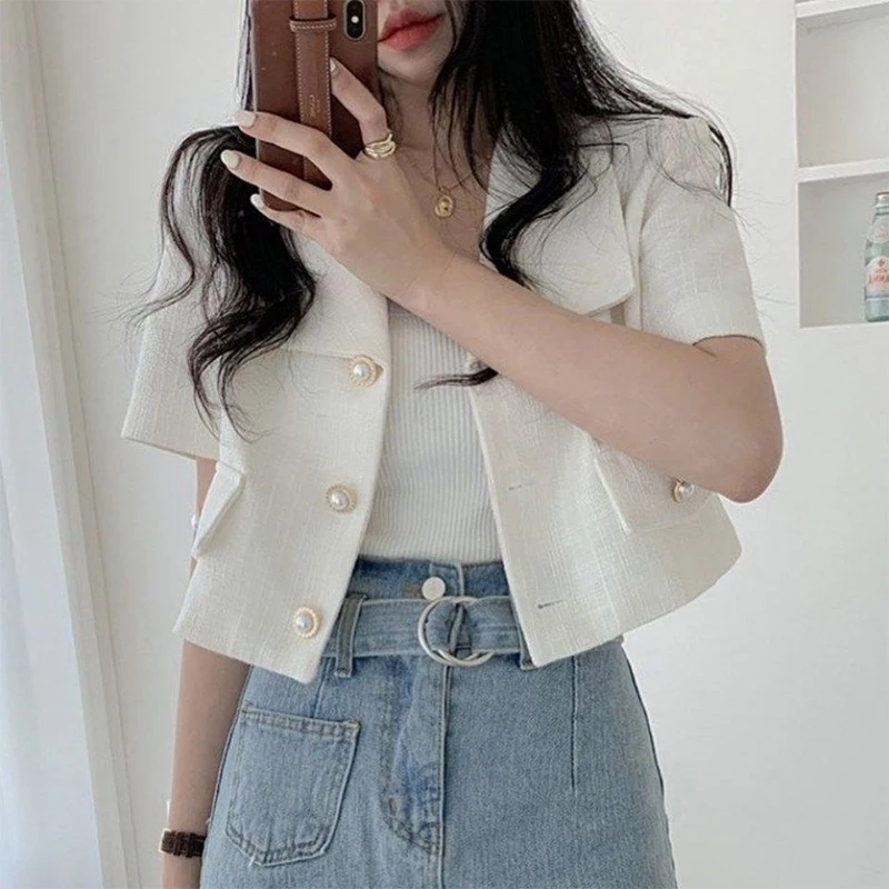 Spring Autumn Polo-neck Elegant Buttons Coat Female Short Sleeve Simple Buttons Blazers Women\'s Casual Fashion All-match Jacket