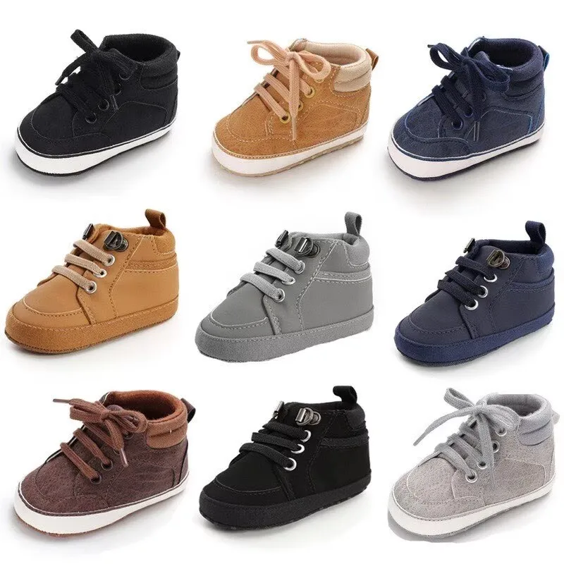 Spring and Autumn Men's High Top Baby Shoes With Soft Sole and Anti Slip Learning Shoes Solid Color Baby Soft Sole Shoes