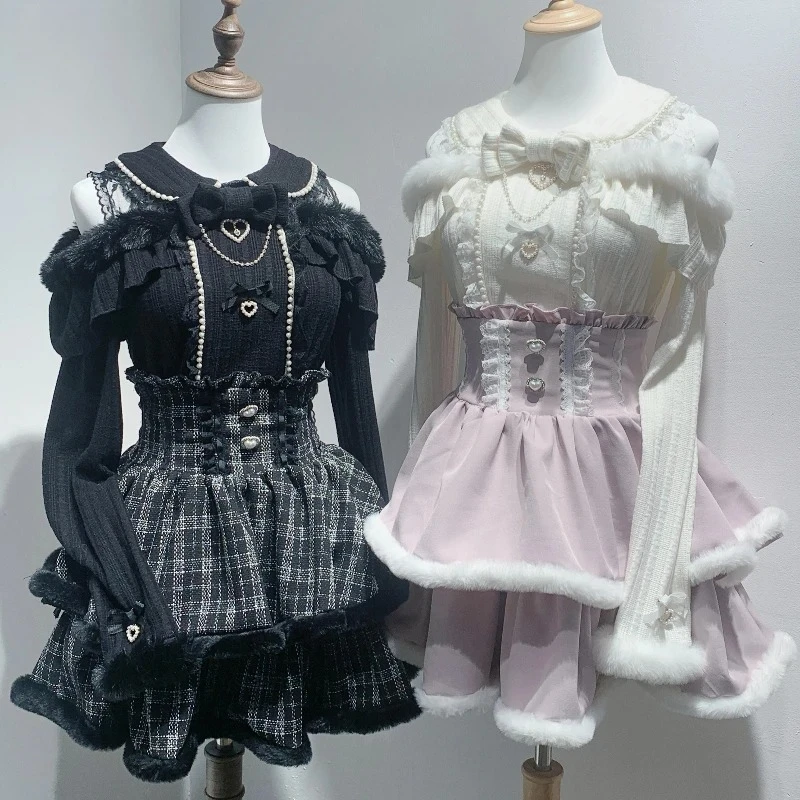 

Японский готический комплект Y2k в стиле Лолиты, женский комплект из 2 предметов, милая блузка с открытыми плечами и бантом + клетчатая мини-юбка с высокой талией, комплект юбки для вечеринки