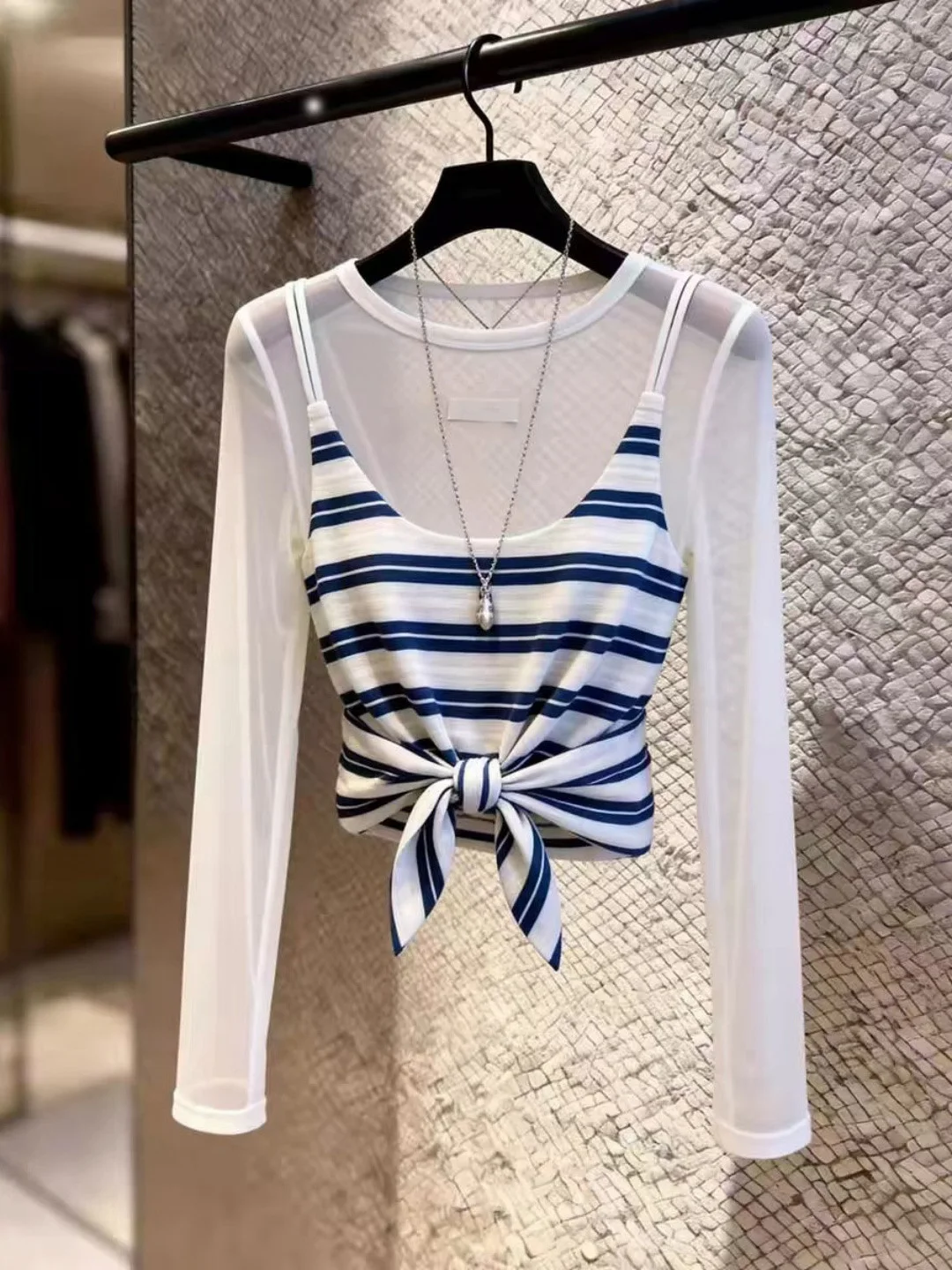 

Summer Design Casual Stripe Fake Two-Piece Long Sleeve T-Shirt Women's Sun Protection Top Commute Style Straight Cut