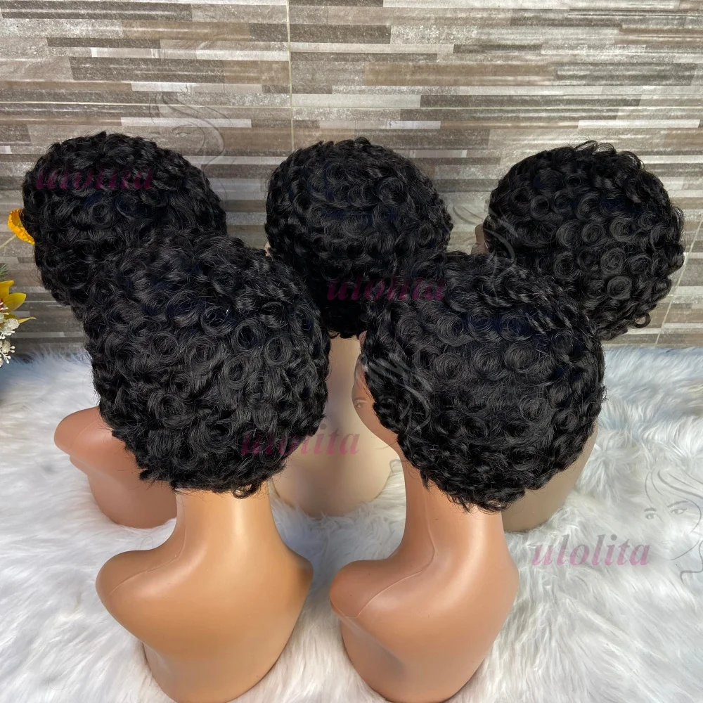Lockige Pixie-Cut-Perücken, kurze Echthaarperücke für schwarze Frauen, natürliche schwarze gewellte Bob-Perücke, kleberlose Perücke, Remy-Haar, vollständig maschinell gefertigte Perücke – Detail 2