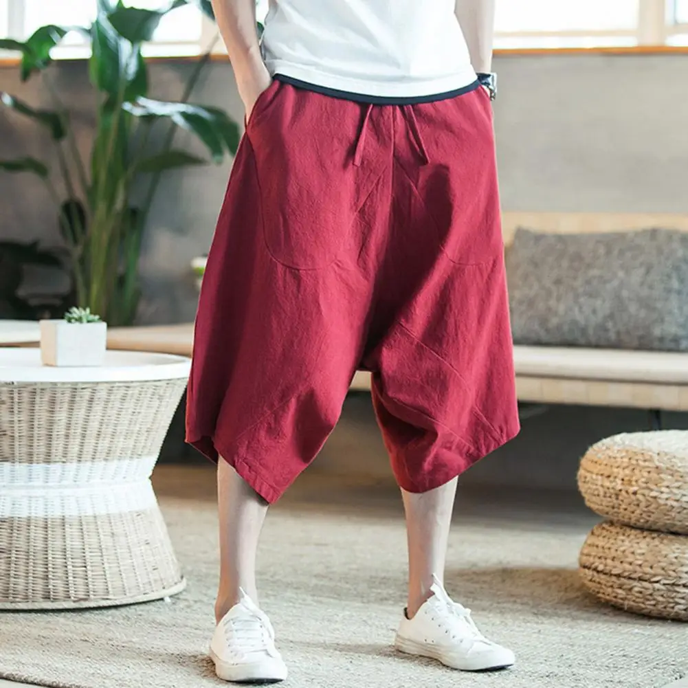 Fashion Men Pants All Match Calf length Solid Color Drawstring Loose Cropped Pants Casual 3/4 Trousers for Travel