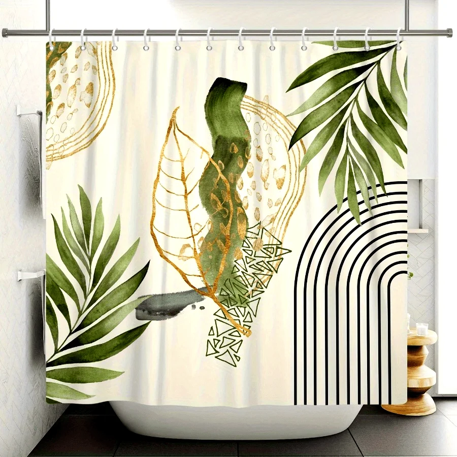 

1 шт. занавеска для душа с абстрактными листьями, Нефритовый зеленый современный тропический средневековый простой узор занавеска для душа, минималистичный шикарный богемный Po