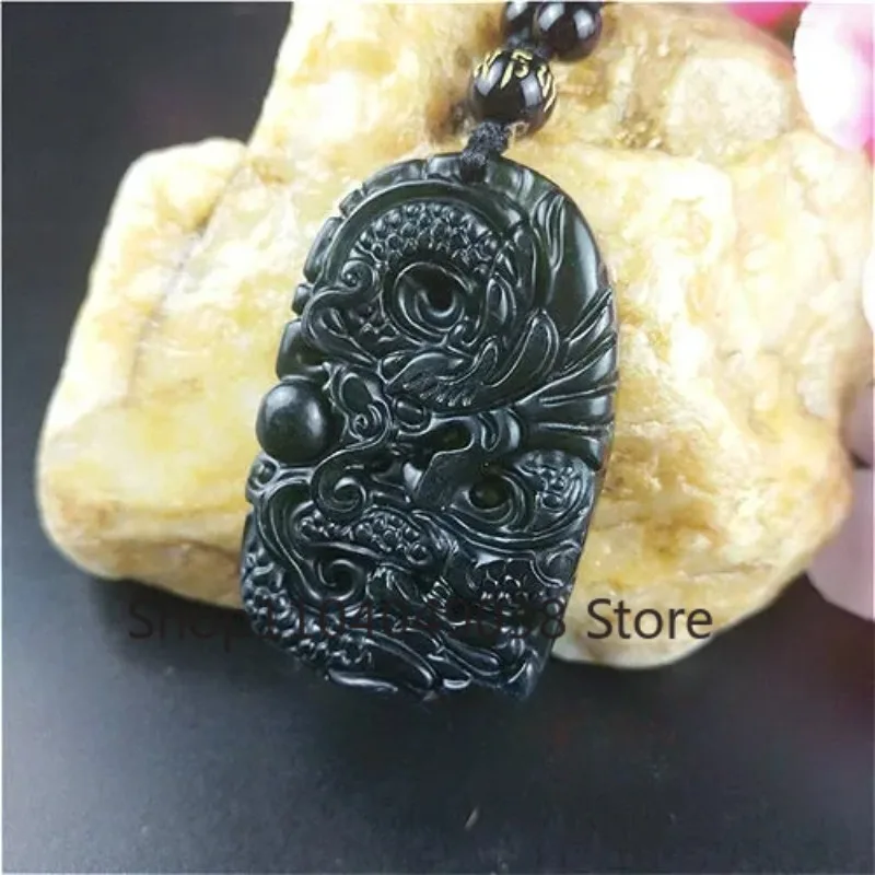 Certified Chinese Natural Black Green Jade Dragon Pendant Beads Necklace Charm Jewelry Obsidian Carved Amulet Gifts for Men