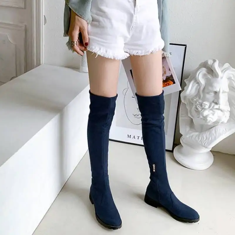 SIMLOVEYO 2027 Autumn Over Knee High Boots Fur Fashion Shoes 4cm High Heels Soft Flock Stretch Botas Large 41 42 43 US12