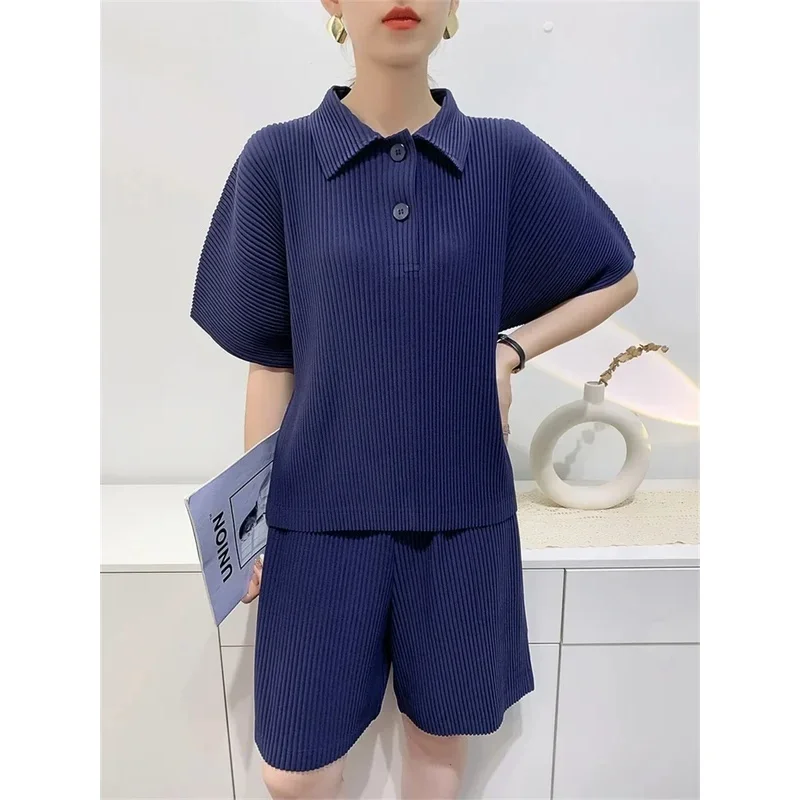 

Miyake Toothpick Pleated Top Women's Spring Summer New Korean Style Casual Solid Simple Comfortable Polo Shirt T-shirt