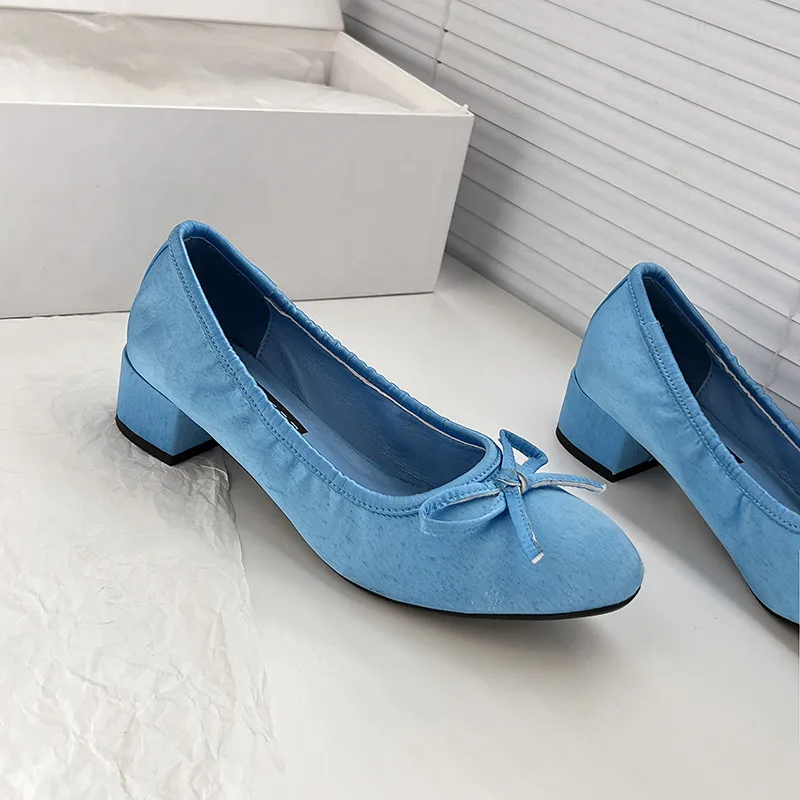 MKKHOU Fashion Pumps New High Quality Silk Bow Shallow Heel Shoes Comfortable Soft Sole Grandma Shoes Lightweight Ballet Shoes