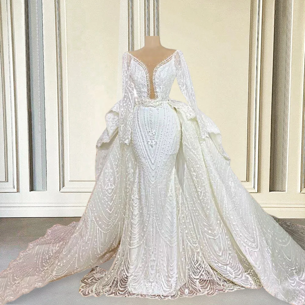 Luxury Lace Puffy Wedding Dresses 2023 for Bride Mermaid Bead Long Sleeve Detachable Train Dubai Bridal Gowns Plus Size