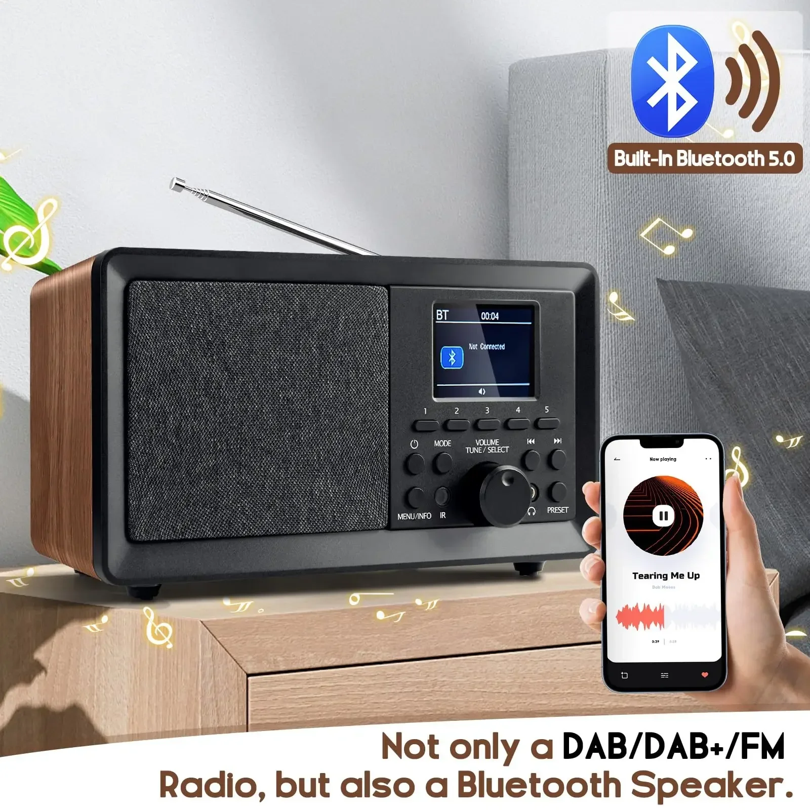 Multifunctional DAB/DAB+/FM Radio Bluetooth 5.0 Speaker Retro Wood Design with Remote Control USB/AUX Headphone Jack Soundbox