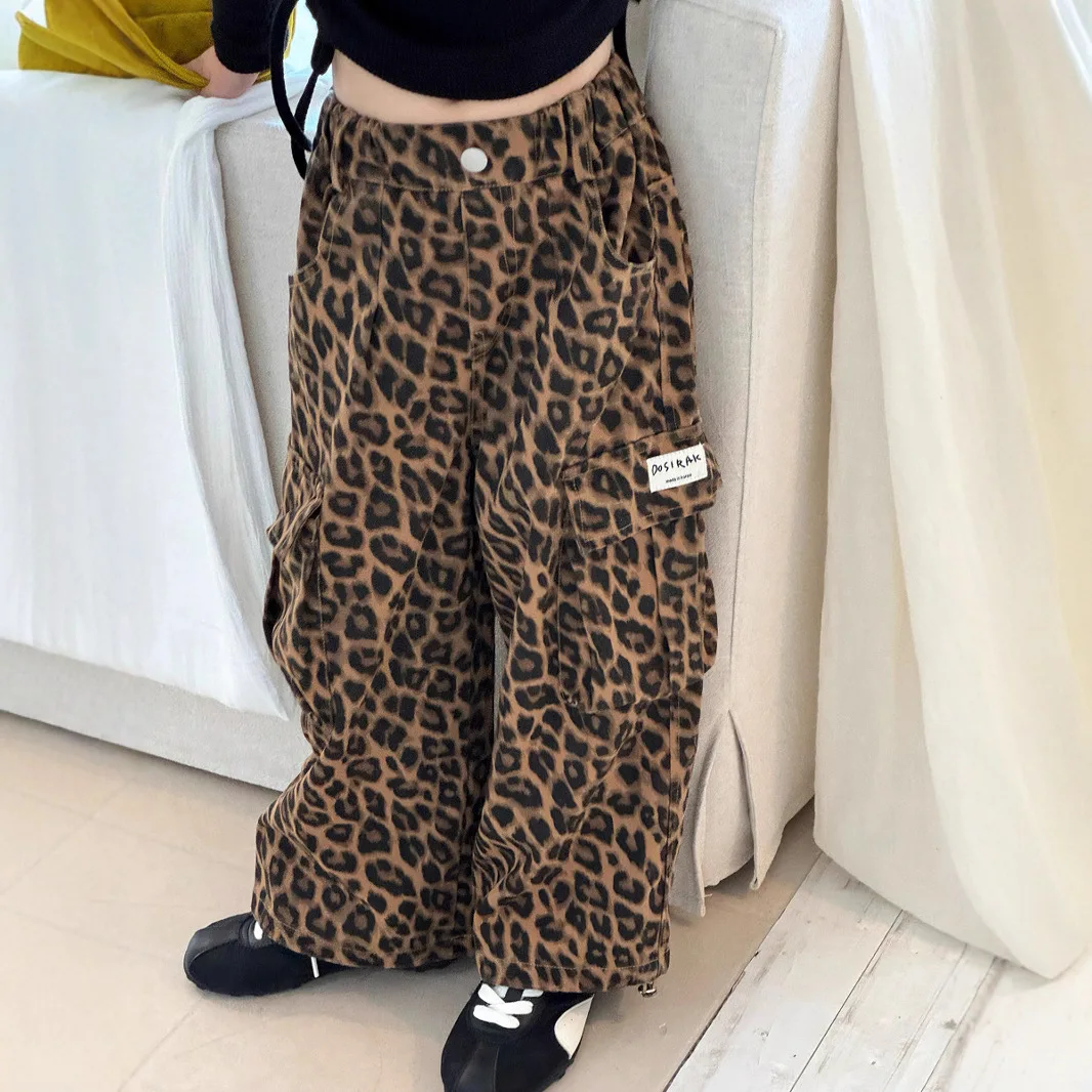 

Осенние детские леопардовые штаны для девочек, свободные брюки с эластичной резинкой на талии для маленьких девочек, свободные корейские подтяжки для маленьких девочек
