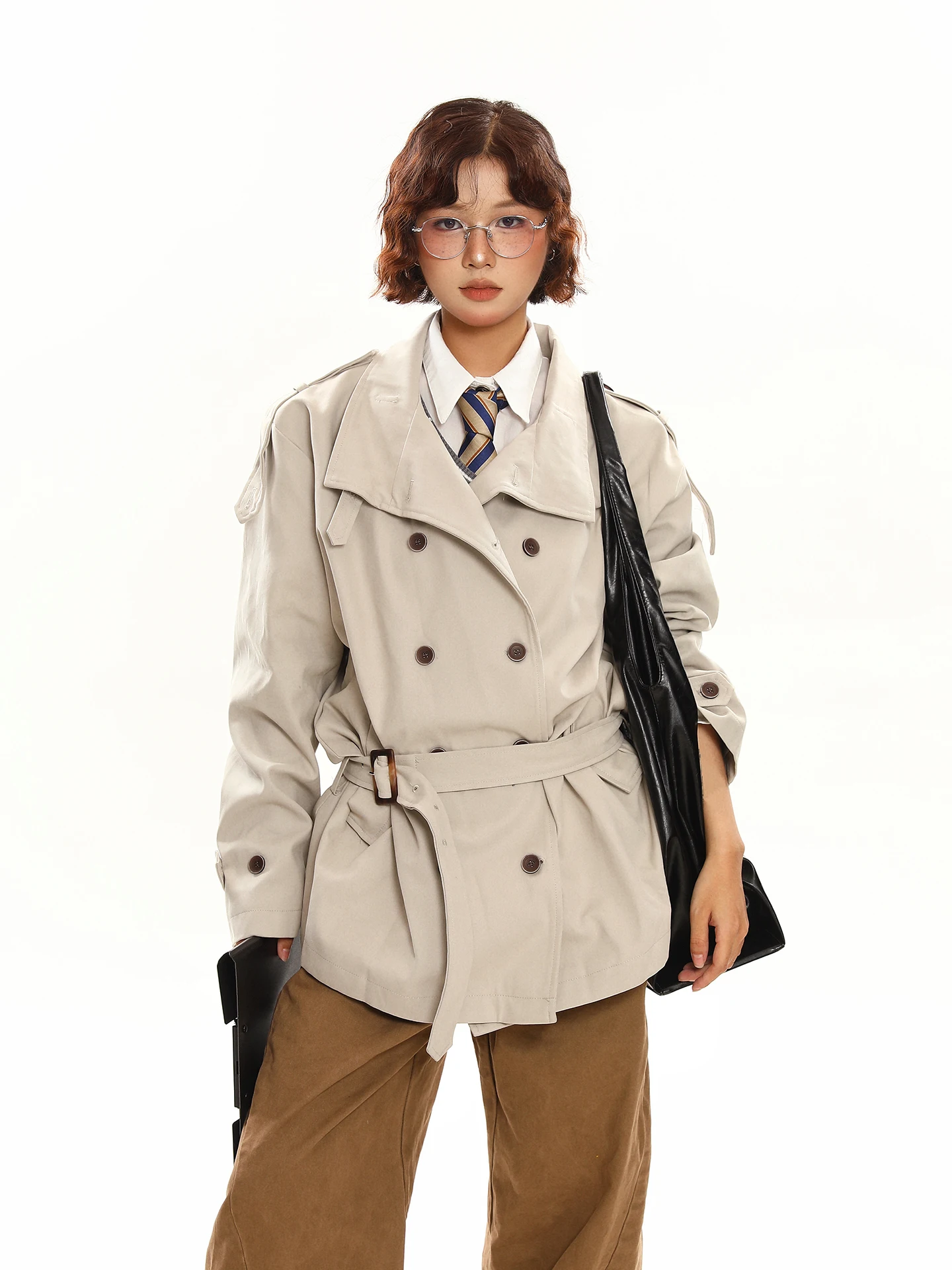 

Chen Zhanlao Store Premium ort Double-Breasted Stand Collar Loose Casual Coat Women's Autumn Outerwear Ele Commute Sle