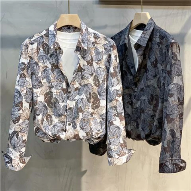 

2024 Men's Floral Print Long Sleeve Fashion Dress Blouses Spring Tops Korean Loose Casual Street Wear Society Male Clothing N261