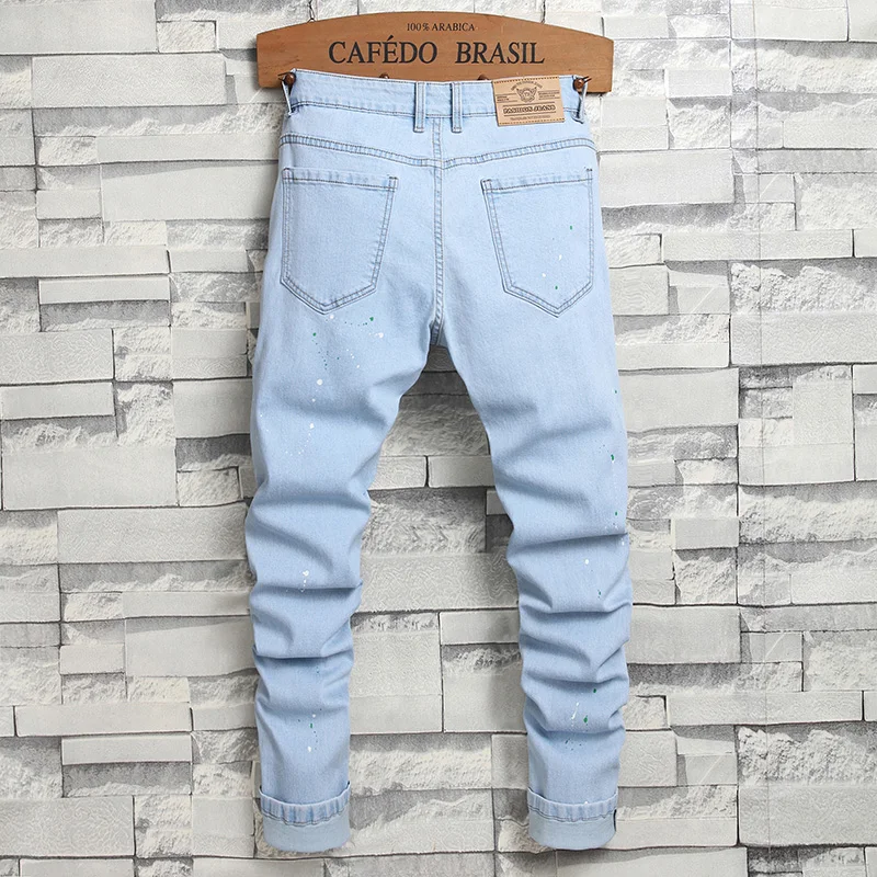 2024 New Men'S Jeans With Hole Patches Blue Elastic Straight Fit Fashionable And Versatile Water Washed Casual Denim Pants