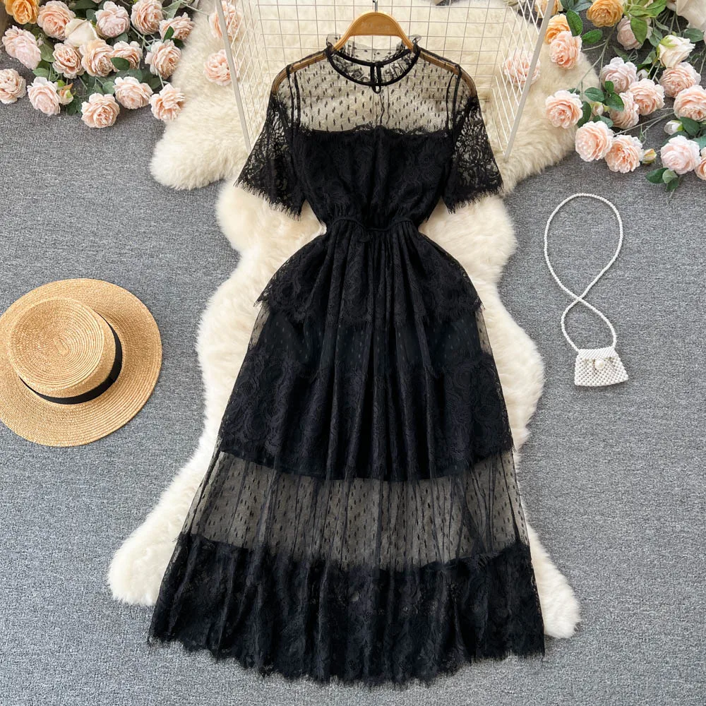 

Womens Summer Mesh Patchwork Lace Black Dress O Neck Short Sleve Fairy Dress Elegant Casual Evening Party Long Robe Dresses