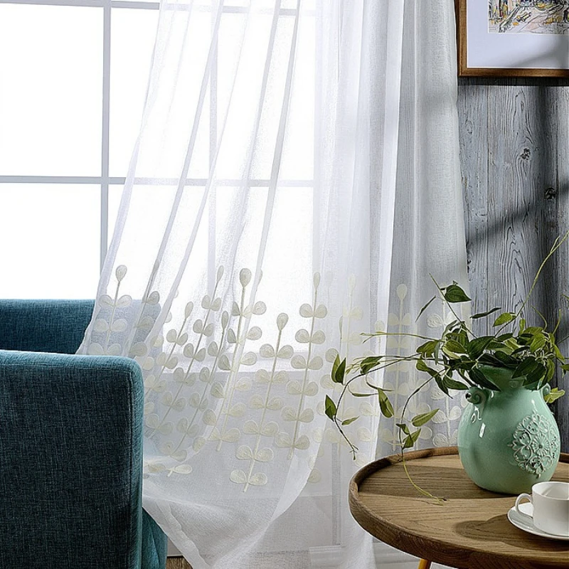 Korean Style Nordic White Embroidered Sheer Elegant Curtain Tulle Window Drapes for Living Room Bedroom Interior Decoration