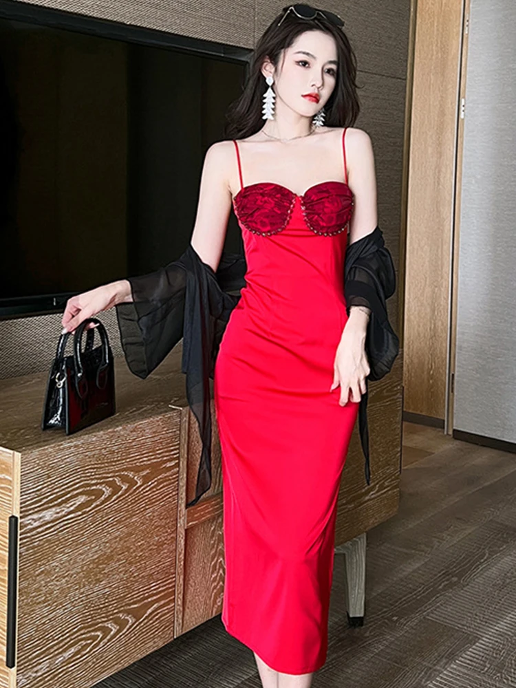 Summer Women Midi Dress Elegant Sexy Red Solid Satin Wrap Chest Diamond Strap Slip Backless Slit Robe Birthday Wedding Vestido