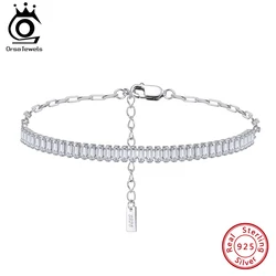 ORSA JEWELS Solid Silver Tennis Bracelet Emerald Cut CZ with PaperClip Chain Cubic Zircon Bracelet Elegant Shiny Female SB215