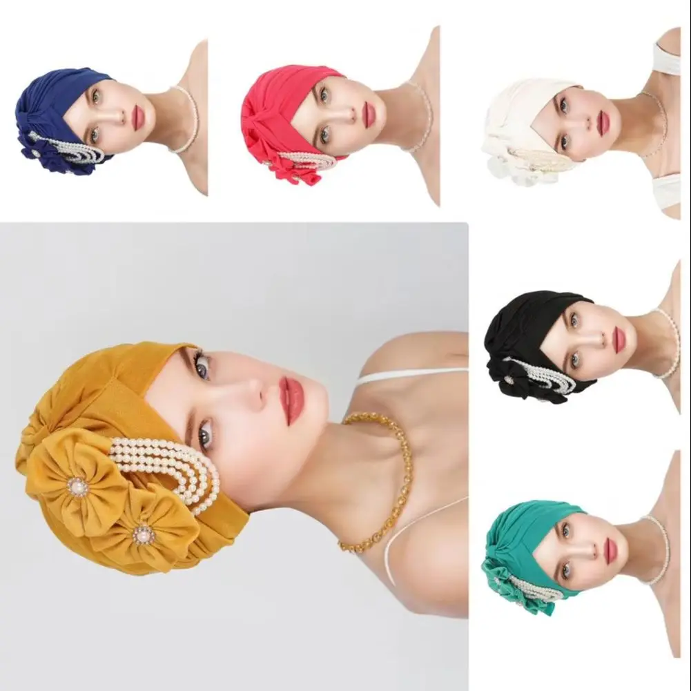 

Comfortable Black Headscarf for Women Women Head Wrap Elegant Women's Headscarf Hat with Imitation Pearls Flower Decor for Sleep