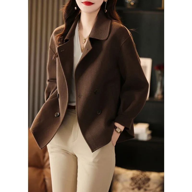 Double-Sided Cashmere Coat for Women, Short Korean Loose, Horn Buckle, Pure 100% Wool, Autumn, Winter, 2024