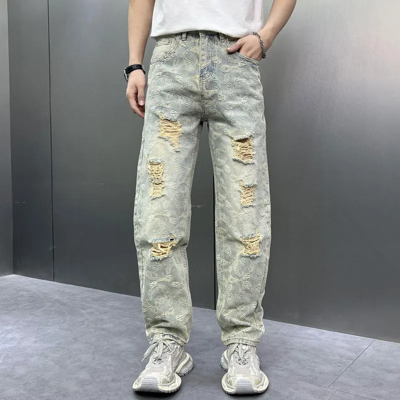Y2K Fashion New Men's Work Pants Scratched Letter Print Washed Nostalgic Words Elastic Slimming Retro Light Blue Work Pants