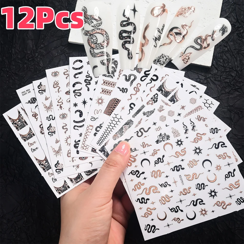 12 teile/satz 3D Rose Gold Snake Print Nail art Aufkleber Gothic Stern Mond Sonne Schlange Selbst-klebe Nagel abziehbilder Sexy Maniküre Sliders