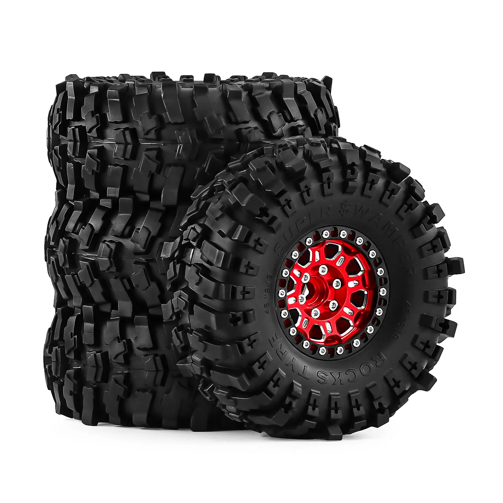 1.9 Inch Deep Dish Beadlock Wheels & Tires, KMC Style for RC Crawler TRX4 SCX10 II D90, 12mm Hex, Classic Black Rims
