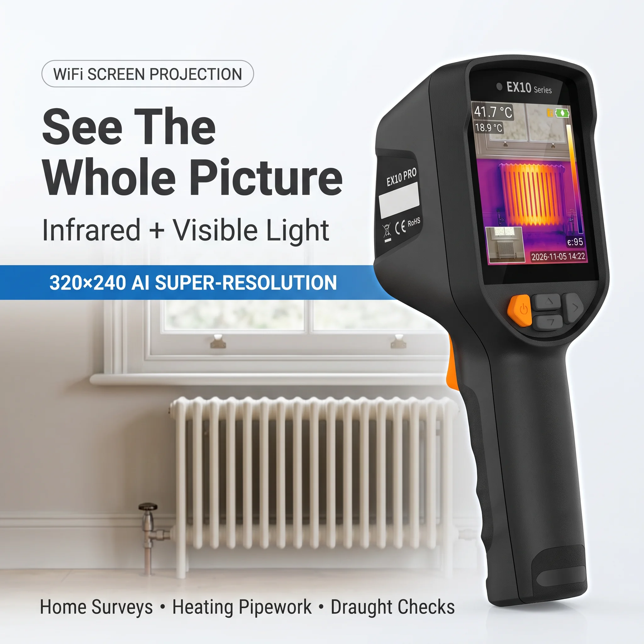 EX10 Pro Thermal Camera with WiFi App and Real-Time Connection for Home Surveys and Draught Checks, 2.8-Inch Display, Raythink