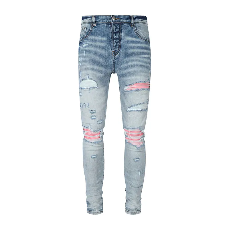 Street Fashion Men Jeans Retro Light Blue Stretch Skinny Fit Ripped Jeans Men Pink Leather Patched Designer Brand Hip Hop Pants