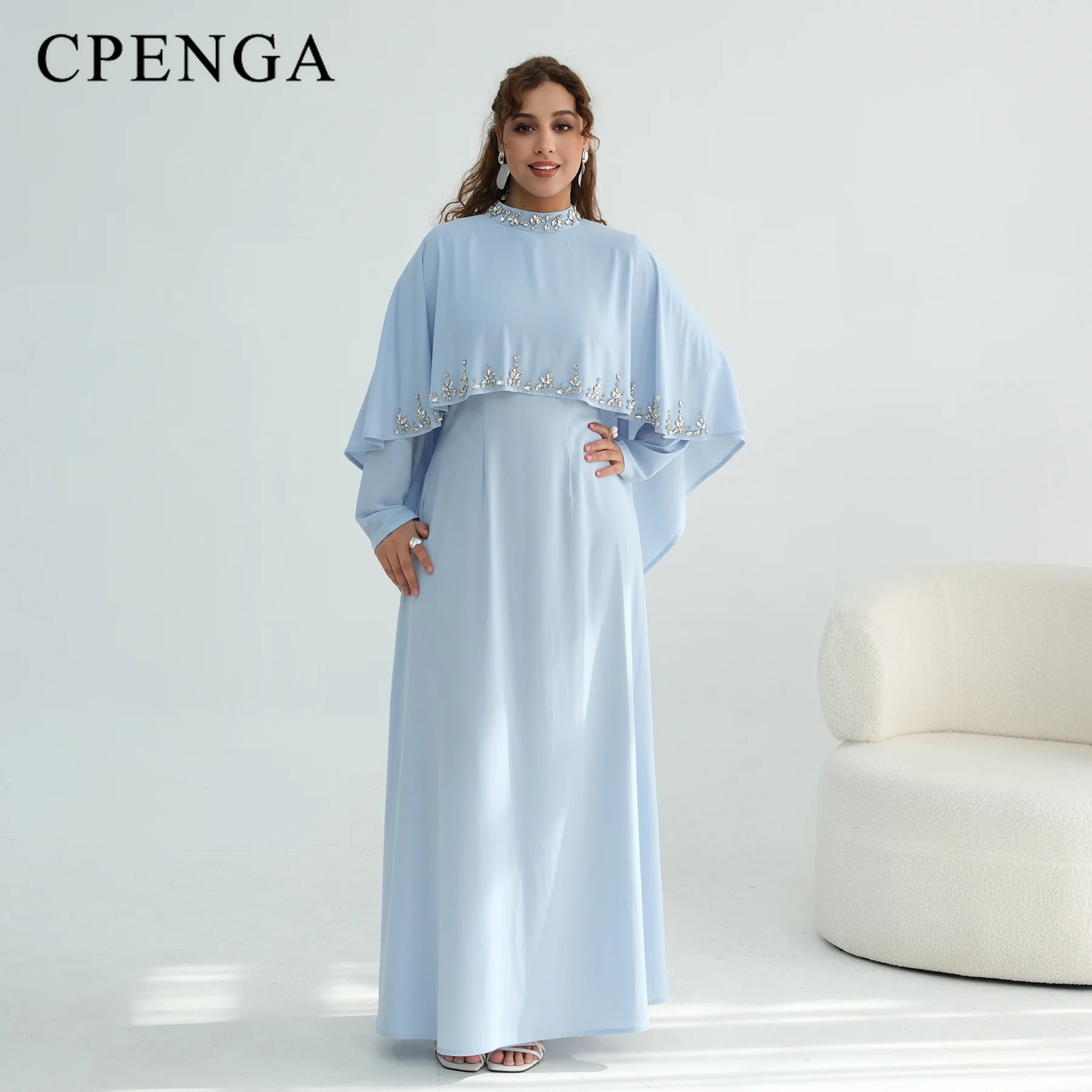 Two Piece Luxury Dubai Abaya with Rhinestone Cape Elegant Ramadan Muslim Women Modest Dress Plus Size Islamic Holiday Outfit