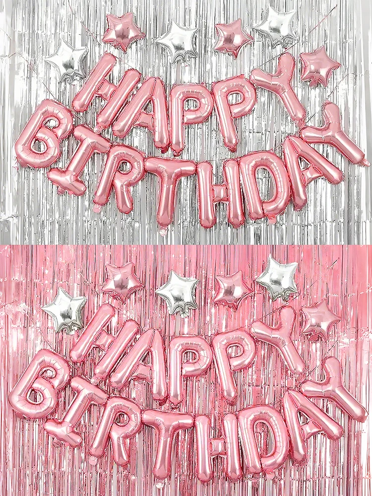 18 Uds. De decoraciones de feliz cumpleaños, cortina de seda de lluvia con letras rosas y plateadas, conjunto de globos de película de aluminio Wu'jia, decoración para fiesta de cumpleaños
