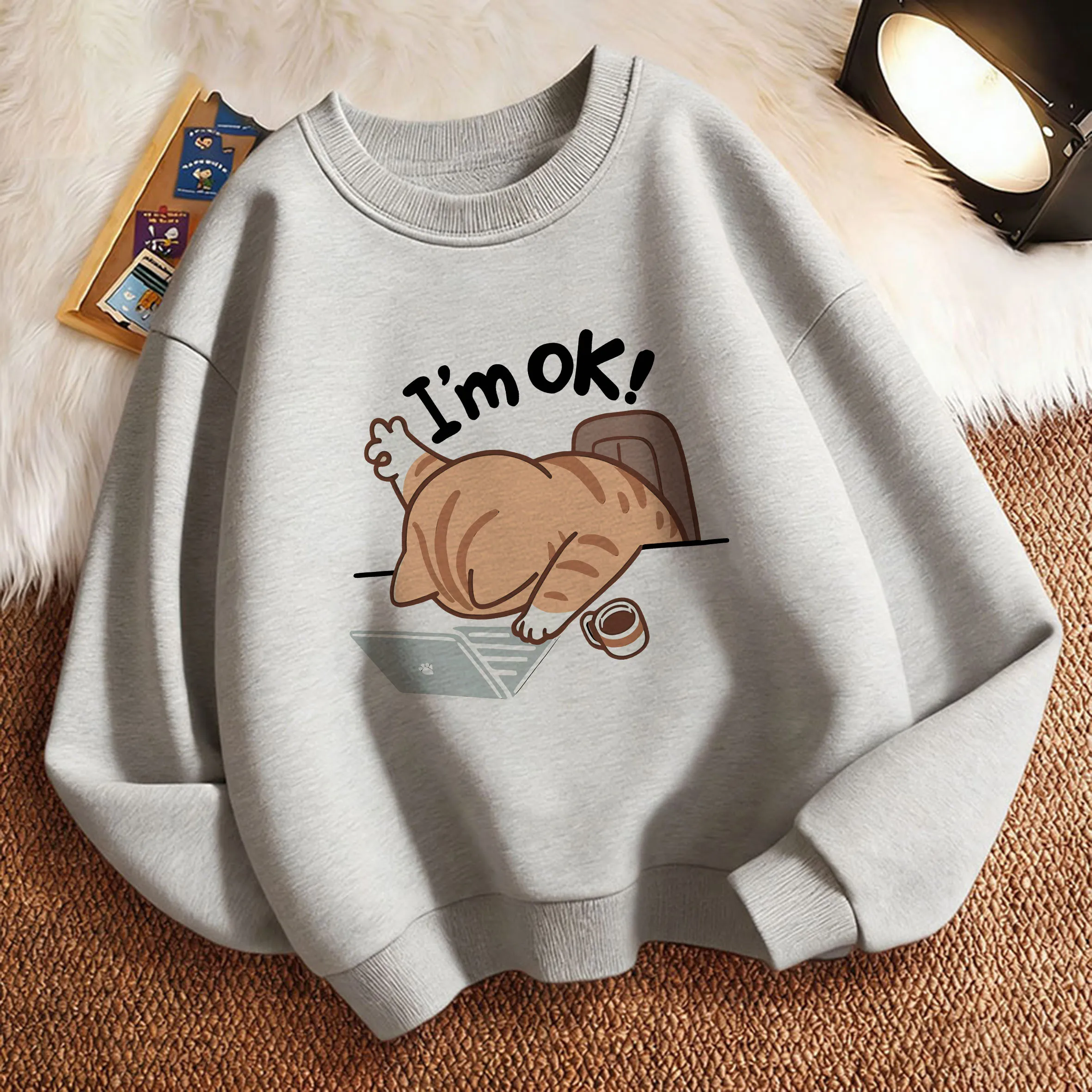 Funny I Am Ok Computer Cat Design Children's Sweatshirt Pullover Spring Crew Neck Graphic Print Hoodie Boy/Girl Kids Hoody
