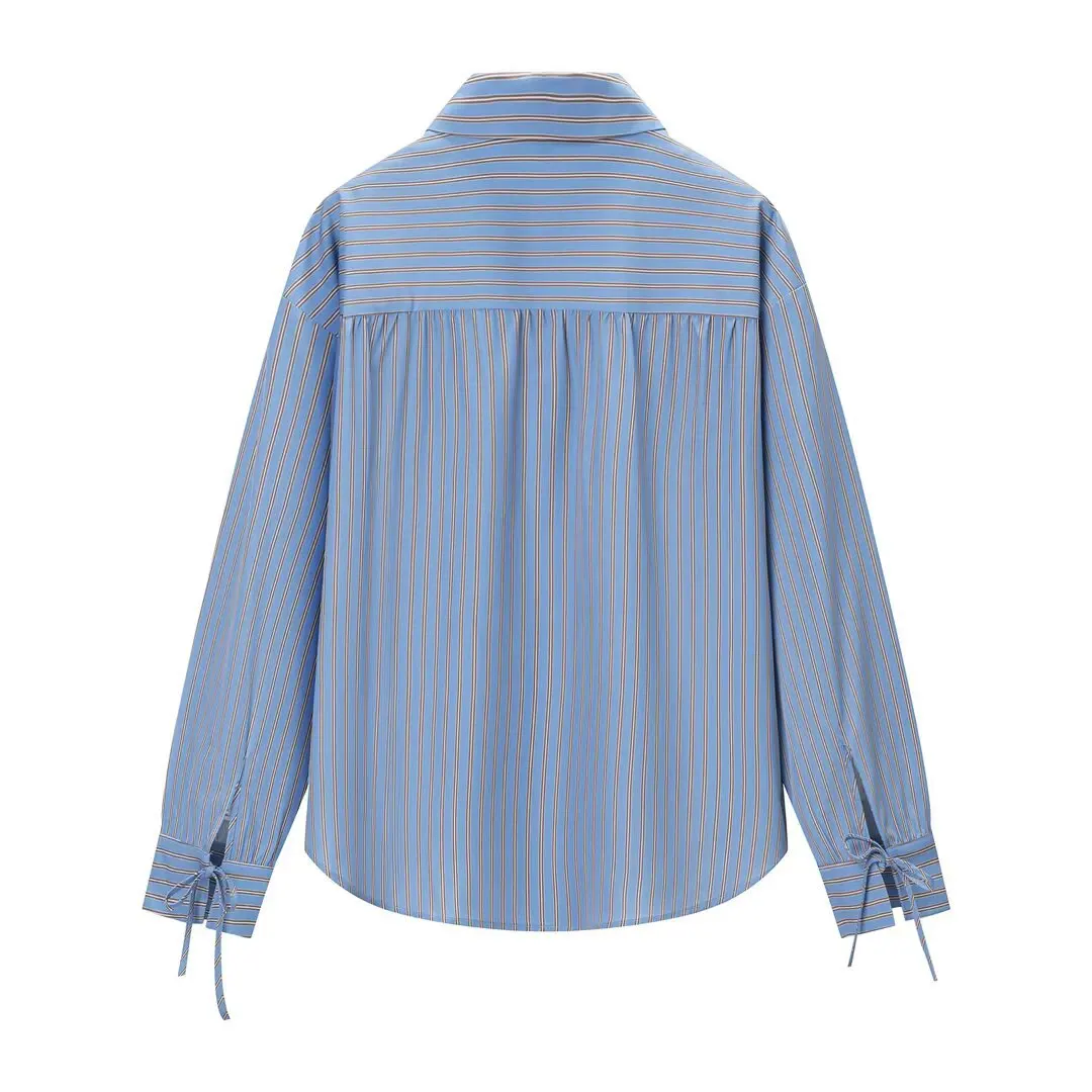 Women's Fashionable Casual Loose Shirt with Bow Decoration and Stripes   3XS2