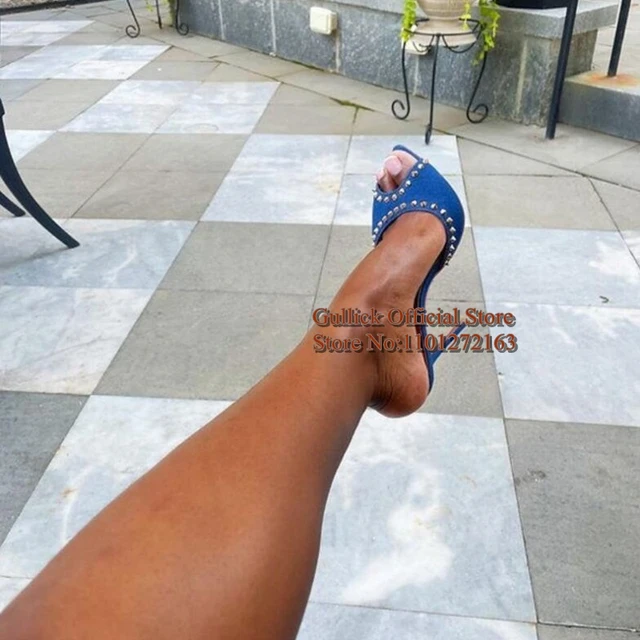 Sexy Spikes Rivets High Heel Mules Shoes Blue Denim Peep Toe Slip On 12CM Stiletto High Heels Sandals Shoes Women Size 45