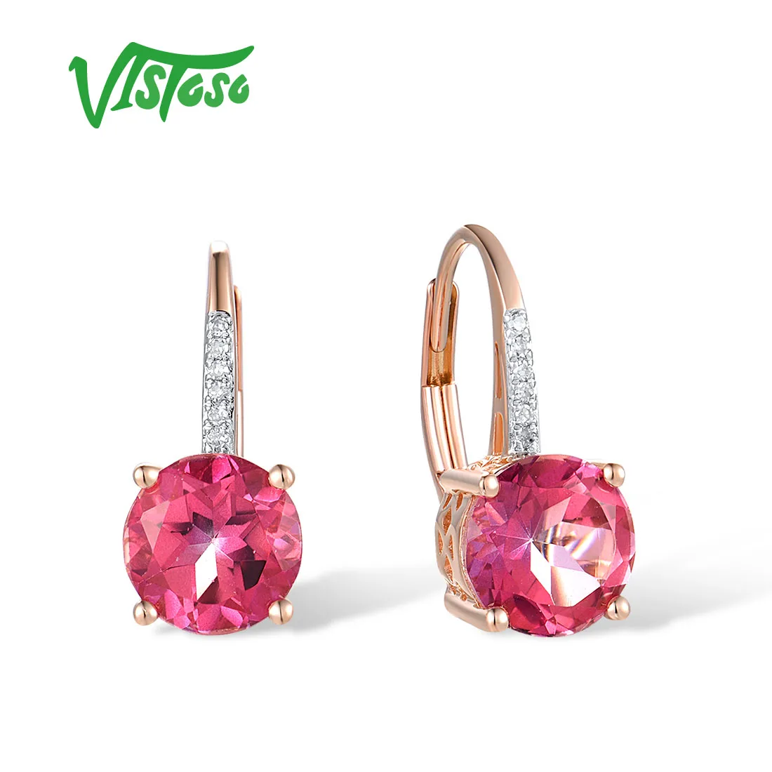 VISTOSO Genuine 14K 585 Rose Gold Solitaire Loop Earrings For Lady Sparkling Diamond Pink Topaz French Clip Party Fine Jewelry