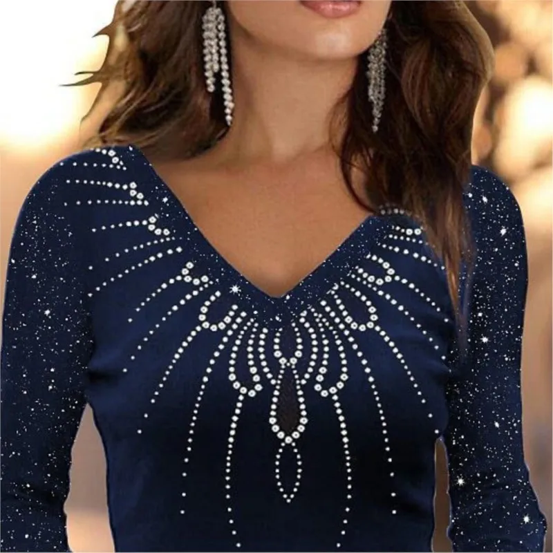 Women Bodycon T-shirt Slim-fit Base Blouses Fall Long Sleeved Fashion Sequin Print Pullover V Neck Casual Tops Women Clothing