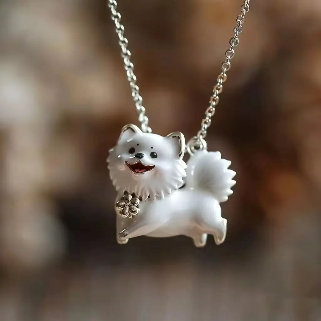 Newly Arrived Jewelry White Drip Glue Cute Pomeranian Dog Pendant Necklace UNISEX Fun Party Jewelry Necklace