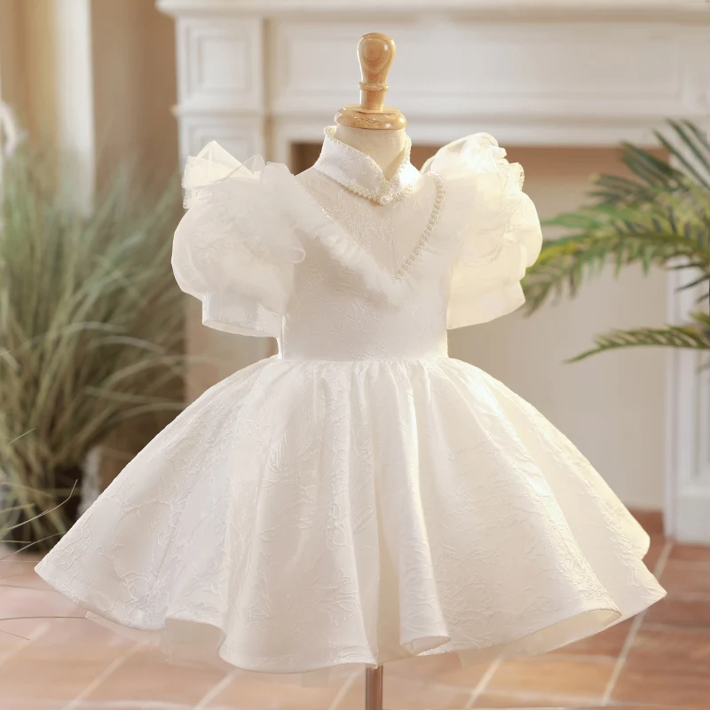 Vestido de princesa blanco para niñas, ropa de fiesta de verano, cuello alto, manga abullonada, con cuentas, vestido de baile de banquete de encaje elegante