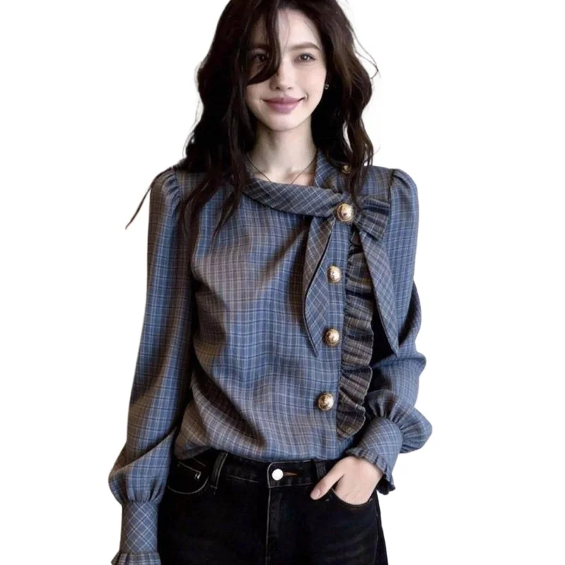 

2026 Spring New Beautiful, Unique and Beautiful High-end Light Luxury Age-reducing Foreign Style Plaid Bow Shirt Top Temperament