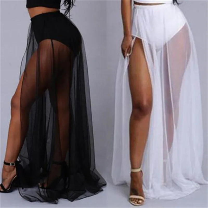 

Women High Waist Mesh Skirts Empire See Through Sheer Side Split Skirt Solid Transparent Chiffon Maxi Long Skirt Summer Party