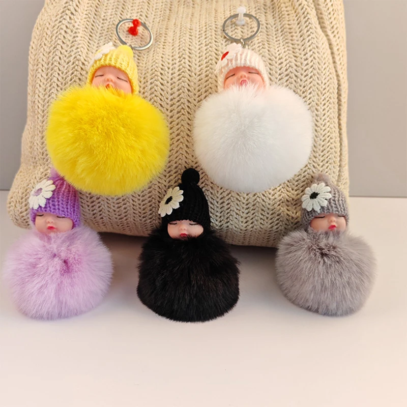 New Cartoon Cute Sleep Baby Plush Doll Keychain Creative Cute Fur Ball Girl Backpack Decoration Pendant Children's Birthday Gift