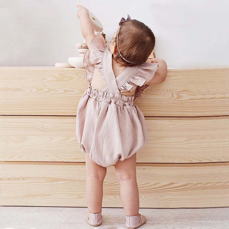 

Baby Girls Solid Summer Romper For 0-24M Linen Ruffles Short Sleeve Outfits Bodysuit Clothes Newborn Toddler Jumpsuits For Baby