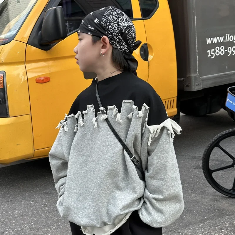 Boy Hoodie Top Clothing Boy Hoodie 2024 New Children Clothing Autumn Splicing Hand-cut Korean Foreign Style Top Clothes