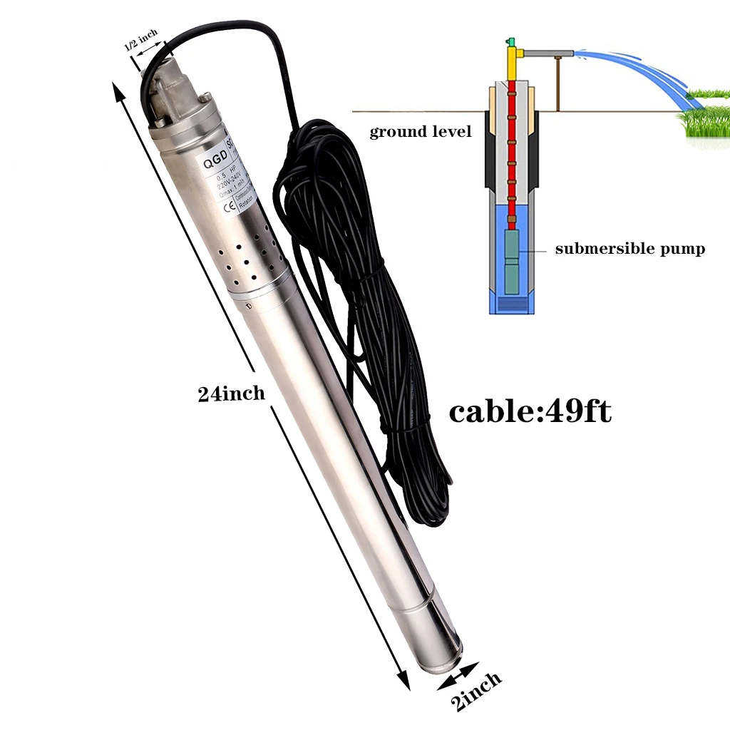 ZYIY 2Inch Stainless Steel Deep Well Pump 0.5Hp 50mm Submersible Water Booster Well Pump for Home Garden Agricultural Irrigation