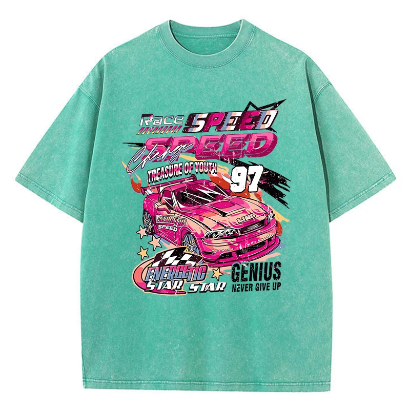 Oversized Woman Washed T-Shirts Race Car Energetic Speed Print Short Sleeve Distressed Crewneck Cotton Tops Trend Female Clothes