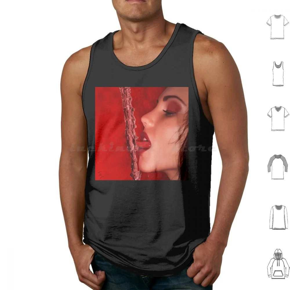 Hot Girl On-Sexy Face-Sexy Lips-Woman Licking A Stream Of Water In Red-Cherry-Dark Red Tank Tops Vest Sleeveless Hot Girl On
