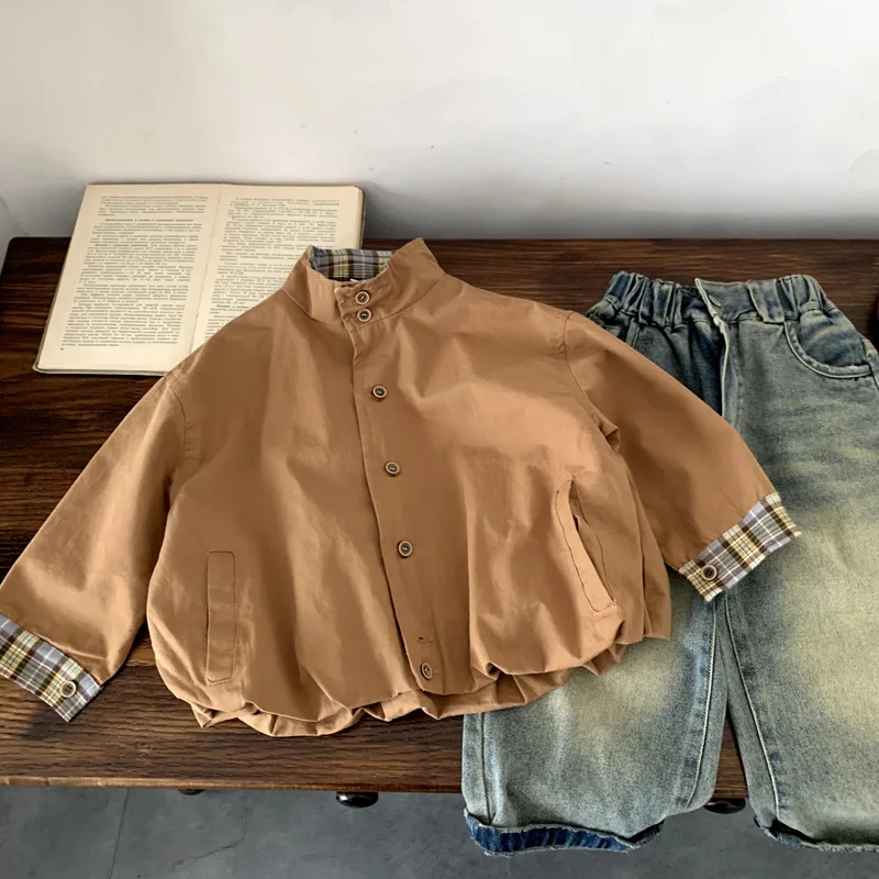 

Boys Coats 2025 Autumn Winter Korean Style Kids Clothes Fashion Trendy Casual Patchwork Plaid Khaki Outwear Jacket Coats