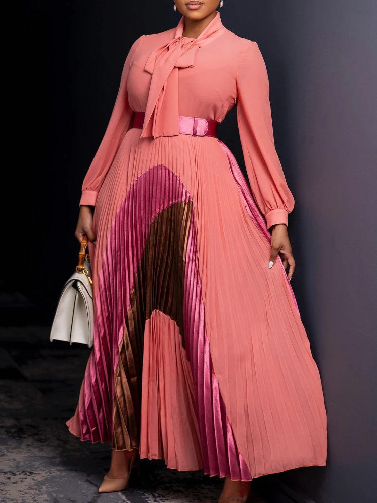 Elegant Women\'s Pleated Maxi Dress Autumn New Style Lace Up Pleated Long Sleeved Color Matching Fashion Birthday Wedding Guest
