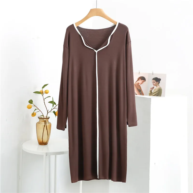 Plus Size Nightgowns Women Modal V-Neck Long-Sleeved Nightdress Spring Summer Loose Fashion Matching Color Home Dress M-3XL