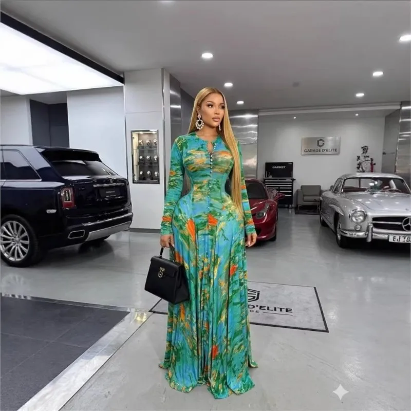 

Women O-neck Full Sleeve Big Swing Tie Dye Print Long Dress Fashion New Sexy Beach Party Evening Vacation Maxi Dresses Vestidos