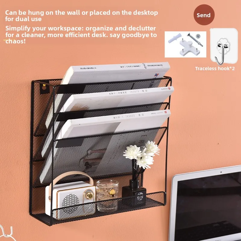 Wall Mounted A4 File Rack Metal 4 Tier Magazine Holder Desktop and Wall Storage Organizer for Office Study Home Document Filing